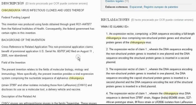 Patente comercial del virus Chikungunya