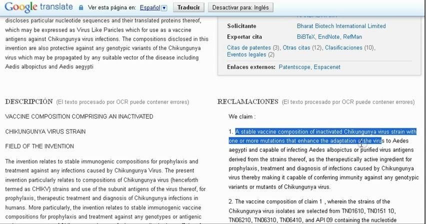 Patente de la vacuna del Chikungunya